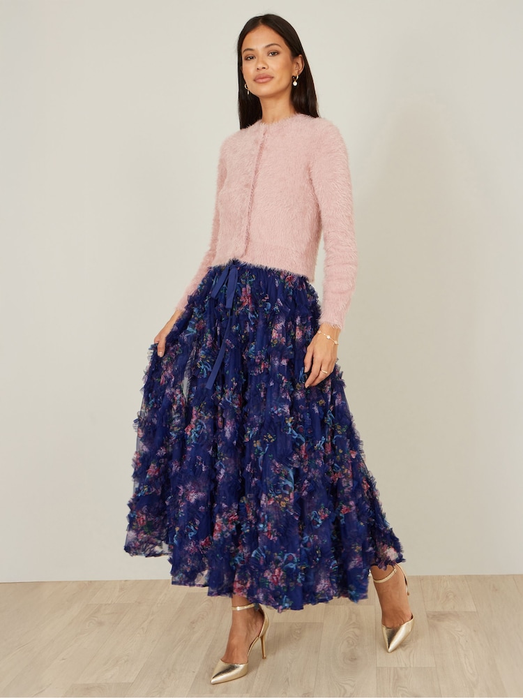 Yumi Blue Floral Ruffle Mesh Midi Skirt - Image 1 of 5