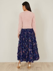 Yumi Blue Floral Ruffle Mesh Midi Skirt - Image 2 of 5