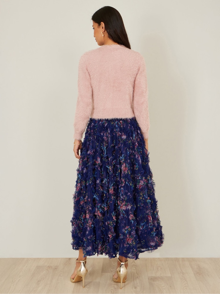 Yumi Blue Floral Ruffle Mesh Midi Skirt - Image 2 of 5