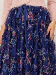 Yumi Blue Floral Ruffle Mesh Midi Skirt - Image 3 of 5