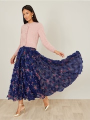 Yumi Blue Floral Ruffle Mesh Midi Skirt - Image 4 of 5