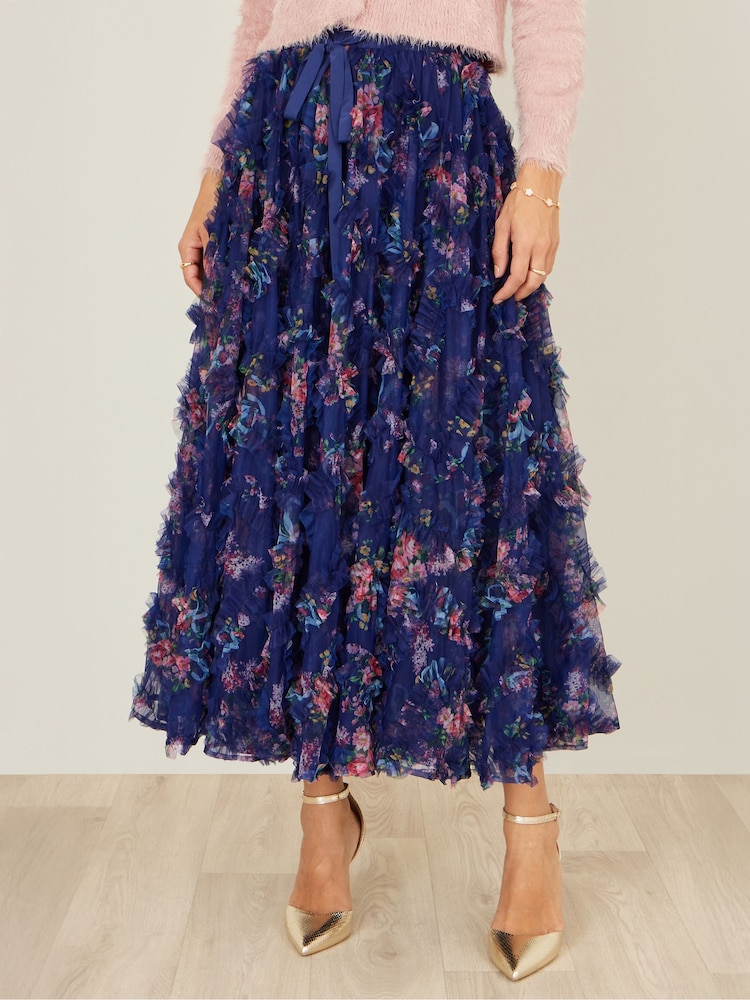 Yumi Blue Floral Ruffle Mesh Midi Skirt - Image 5 of 5
