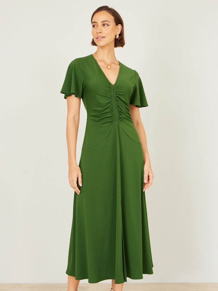 أخضر - Yumi Ruched Front Stretch Midi Dress - Image 1 of 5