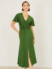 أخضر - Yumi Ruched Front Stretch Midi Dress - Image 2 of 5