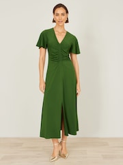أخضر - Yumi Ruched Front Stretch Midi Dress - Image 4 of 5