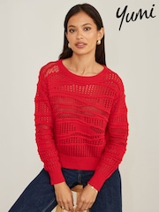 Yumi Red Wave Pointelle Knitted Jumper - Image 1 of 5