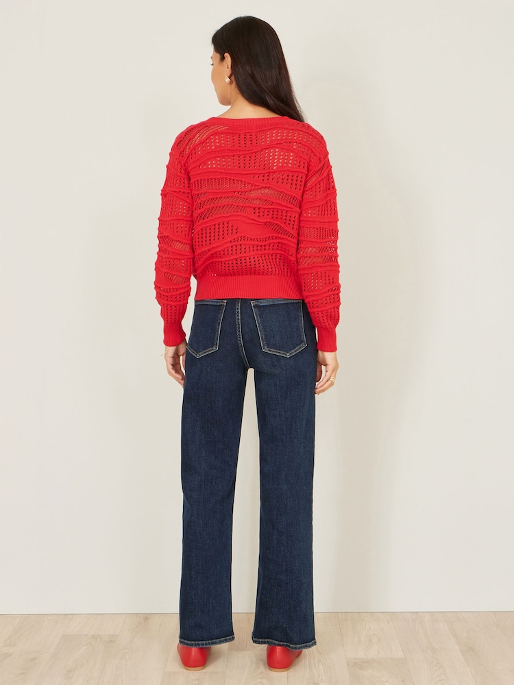 Yumi Red Wave Pointelle Knitted Jumper - Image 2 of 5