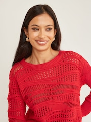 Yumi Red Wave Pointelle Knitted Jumper - Image 4 of 5