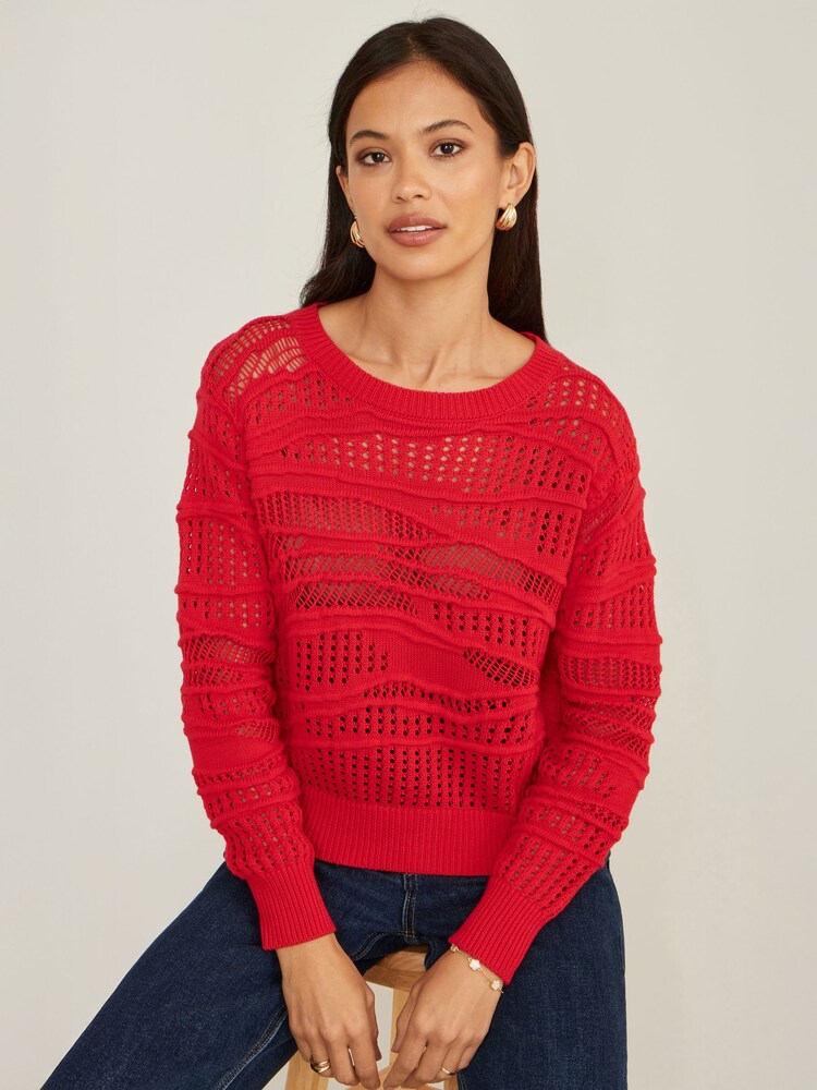 Yumi Red Wave Pointelle Knitted Jumper - Image 5 of 5
