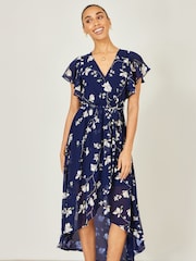 Yumi Blue Floral Wrap Midi Dress With Frill Hem - Image 1 of 5