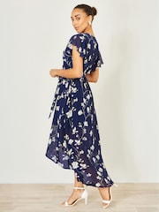 Yumi Blue Floral Wrap Midi Dress With Frill Hem - Image 3 of 5