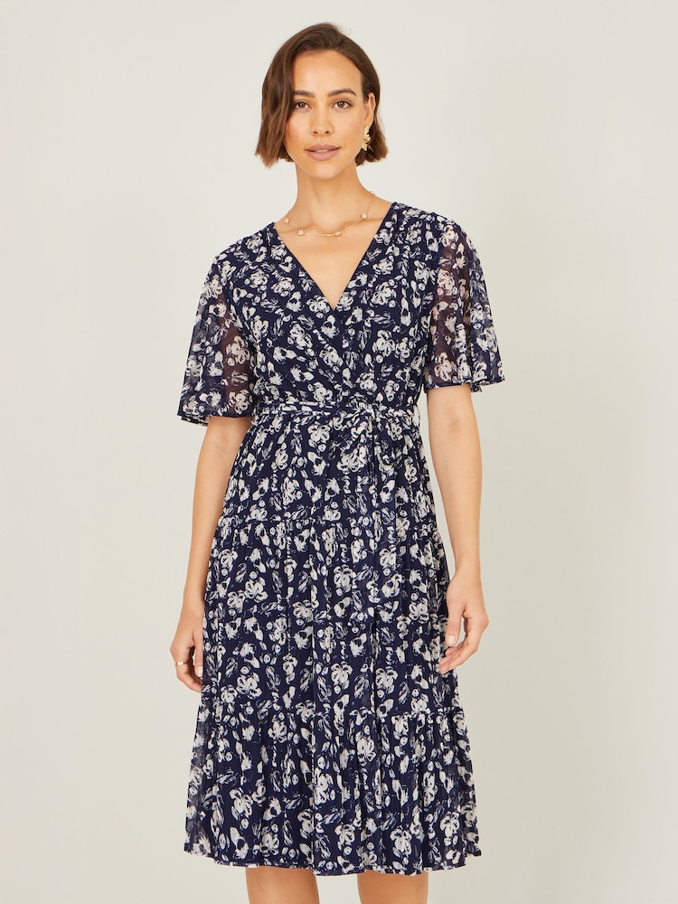 Yumi Blue Floral Mesh Wrap Dress - Image 1 of 5 Yumi Blue Floral Mesh Wrap Dress - Image 1 of 5