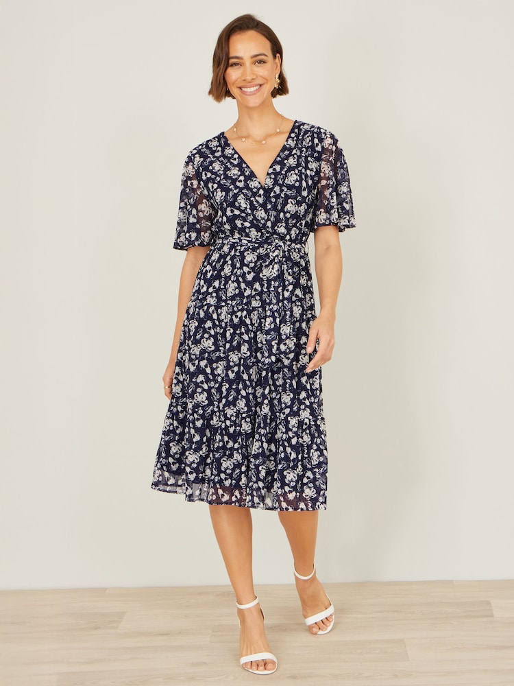 Yumi Blue Floral Mesh Wrap Dress - Image 2 of 5 Yumi Blue Floral Mesh Wrap Dress - Image 2 of 5