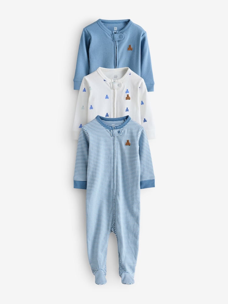 Gap Blue and White 3 Pack Baby Sleepsuit (0-12mths) - Image 1 of 8 Gap Blue and White 3 Pack Baby Sleepsuit (0-12mths) - Image 1 of 8
