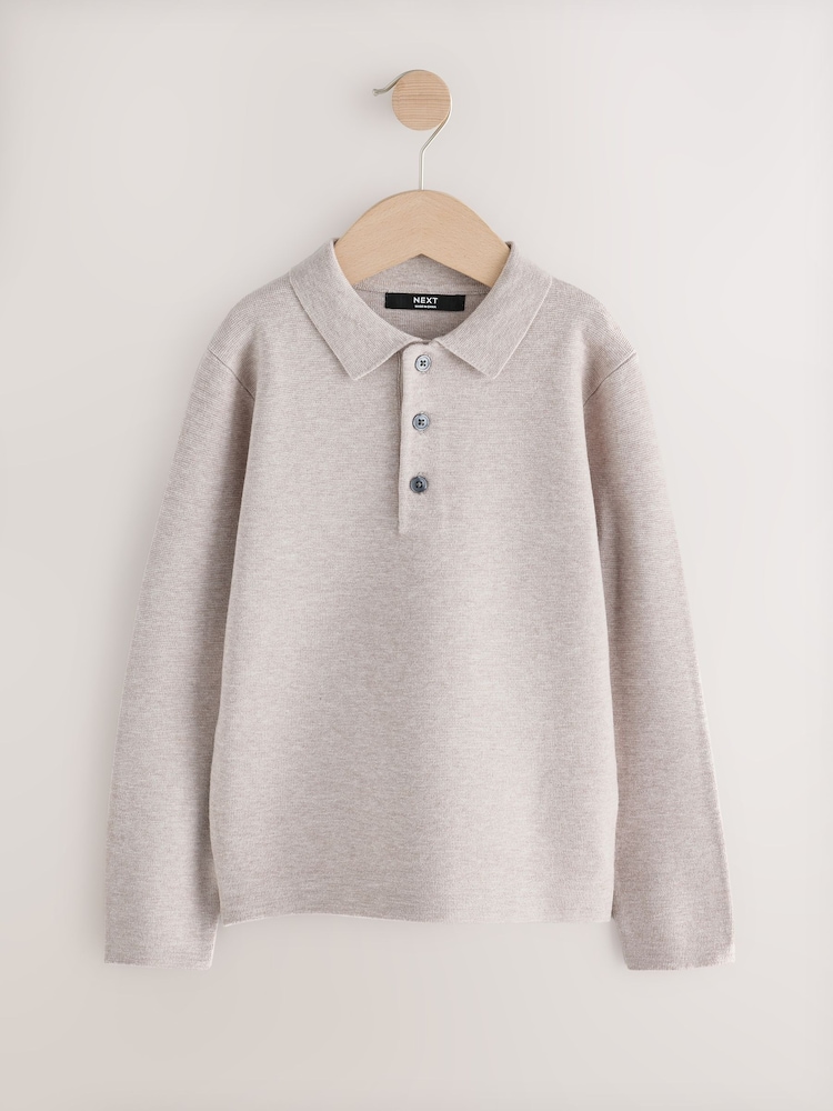 Neutral Knitted Button Neck Polo Shirt (3-16yrs) - Image 1 of 4 Neutral Knitted Button Neck Polo Shirt (3-16yrs) - Image 1 of 4