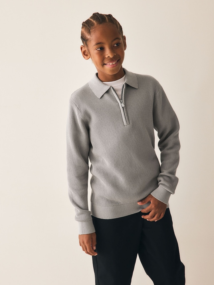 Grey Knitted Zip Neck Polo Shirt (3-16yrs) - Image 1 of 8 Grey Knitted Zip Neck Polo Shirt (3-16yrs) - Image 1 of 8