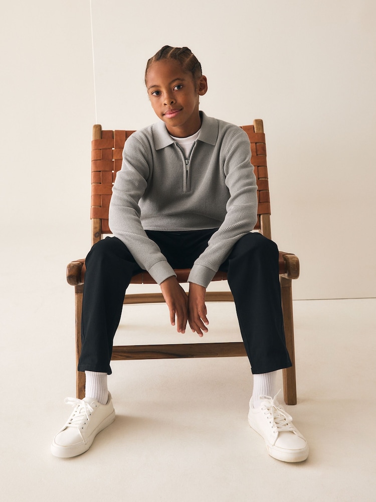 Grey Knitted Zip Neck Polo Shirt (3-16yrs) - Image 2 of 8 Grey Knitted Zip Neck Polo Shirt (3-16yrs) - Image 2 of 8