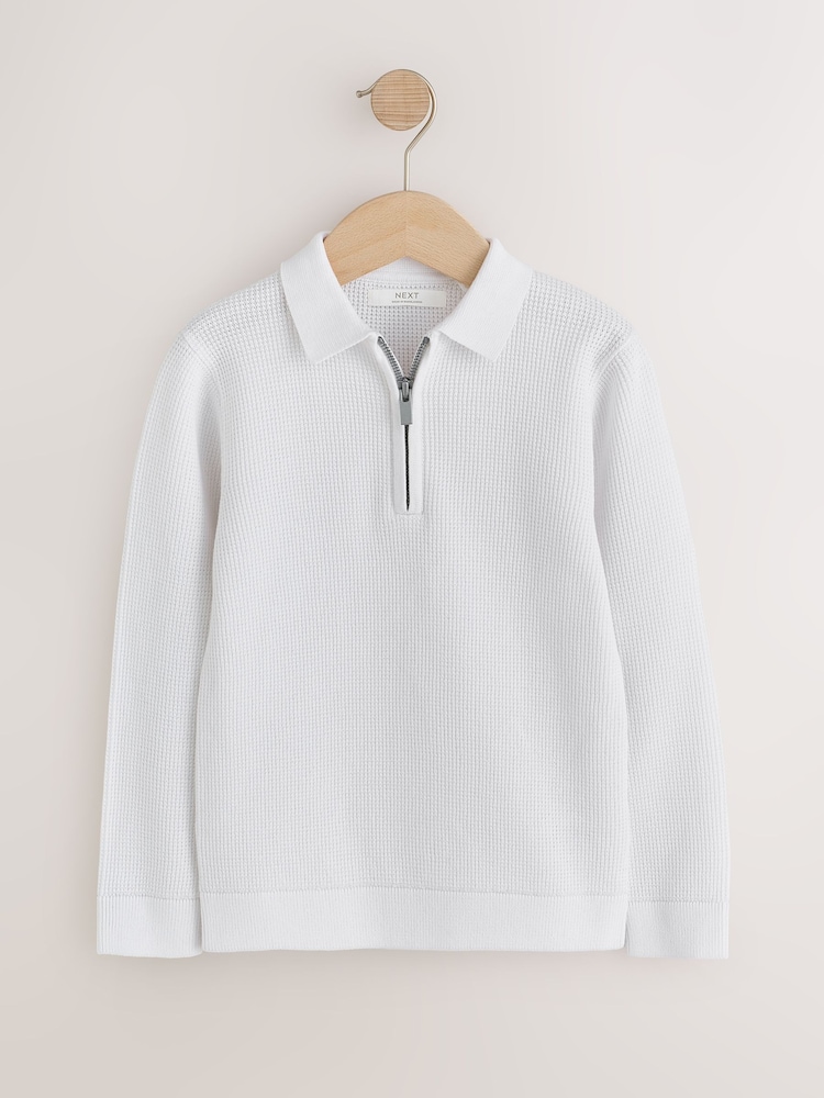 Ecru White Knitted Zip Neck Polo Shirt (3-16yrs) - Image 1 of 4 Ecru White Knitted Zip Neck Polo Shirt (3-16yrs) - Image 1 of 4