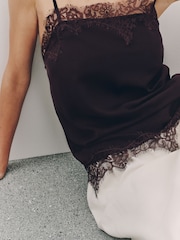 Plum Purple Straight Neck Satin Lace Cami Top - Image 4 of 7