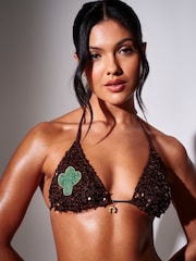 South Beach Brown Sequin Crochet Beaded Briefs Bikini Set - Image 4 of 6