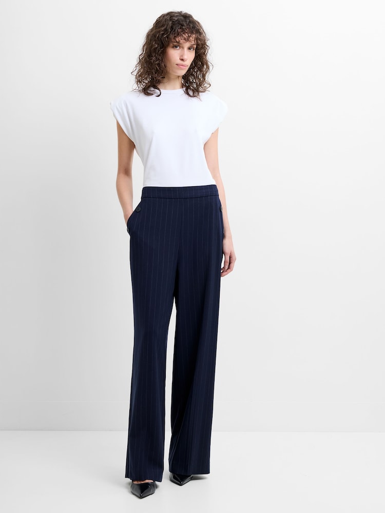 French Connection Blue Alia Pinstripe Button Detail Wide Leg Trousers - Image 1 of 6 French Connection Blue Alia Pinstripe Button Detail Wide Leg Trousers - Image 1 of 6