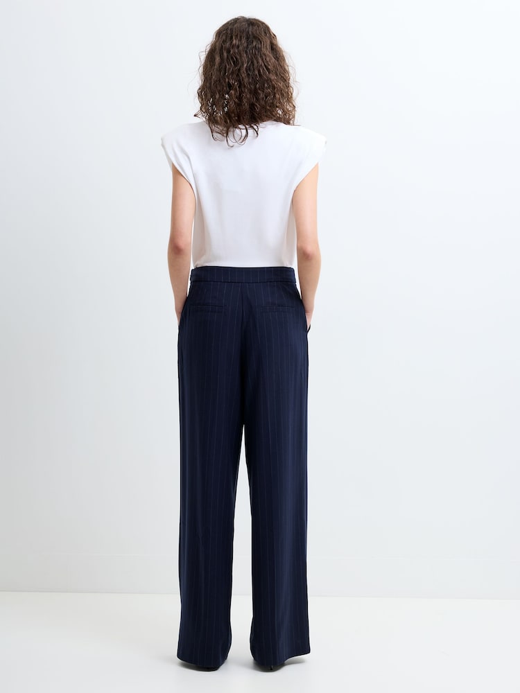 French Connection Blue Alia Pinstripe Button Detail Wide Leg Trousers - Image 2 of 6 French Connection Blue Alia Pinstripe Button Detail Wide Leg Trousers - Image 2 of 6