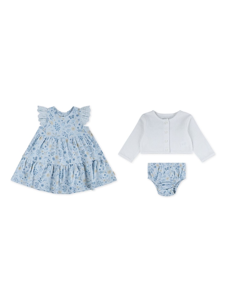 Huggies Blue Cardigan Dress & Bloomers 3 Piece Set - Image 1 of 5