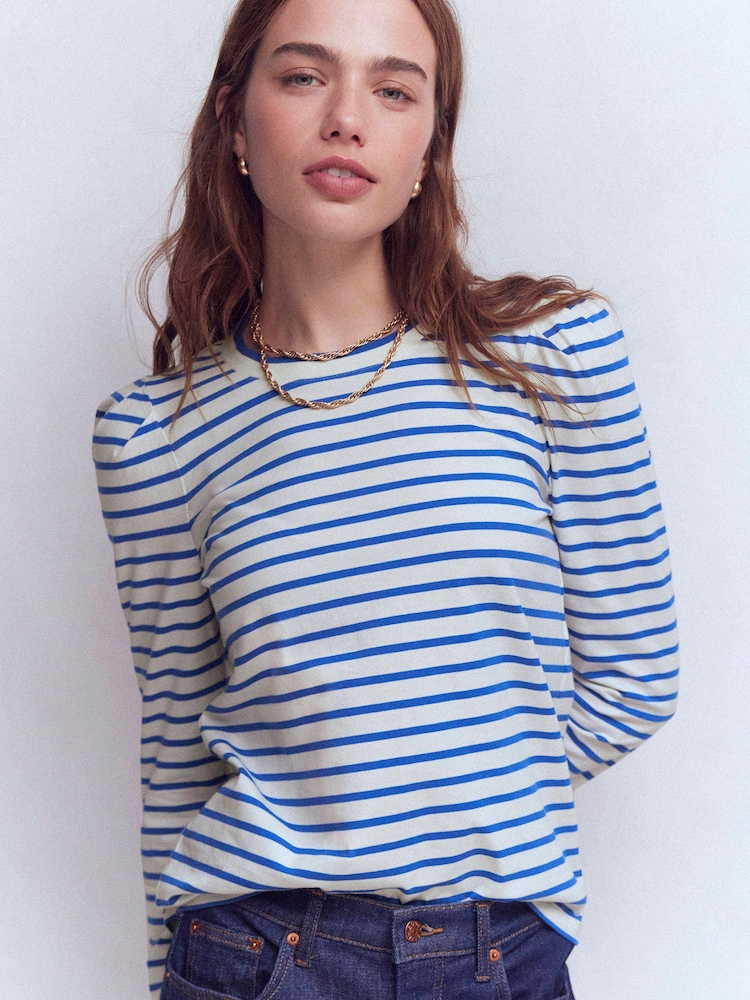 Boden Cream Pleat Sleeve Stripe Top - Image 1 of 5 Boden Cream Pleat Sleeve Stripe Top - Image 1 of 5