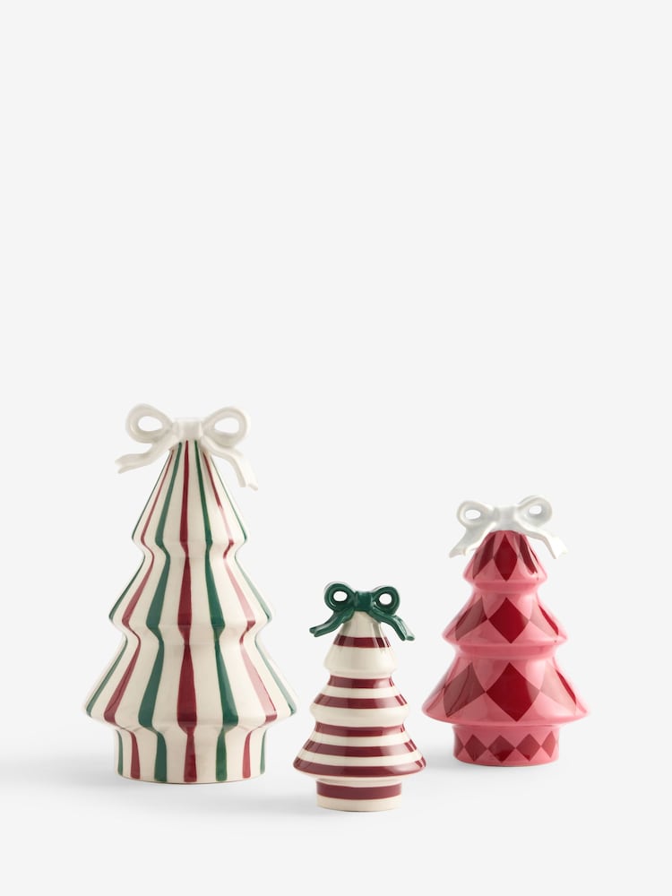 Set of 3 Red Stripe Ceramic Christmas Tree Decorations - Image 2 of 3