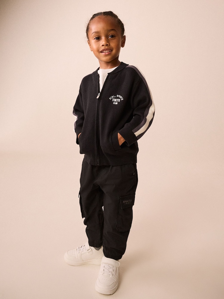Black/White Zip Up Knitted Bomber Cardigan (3mths-7yrs) - Image 2 of 8 Black/White Zip Up Knitted Bomber Cardigan (3mths-7yrs) - Image 2 of 8