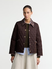 Barbour® Brown Icons Tartan Collar Cropped Liddesdale Quilted Jacket - Image 1 of 6