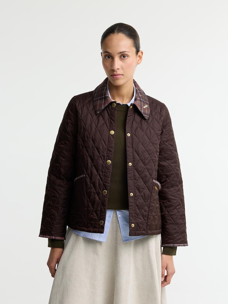 Barbour® Brown Icons Tartan Collar Cropped Liddesdale Quilted Jacket - Image 1 of 6