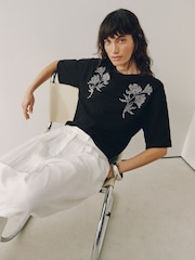 Black Floral Embellished Short Sleeve Crew Neck T-Shirt - Image 1 of 7