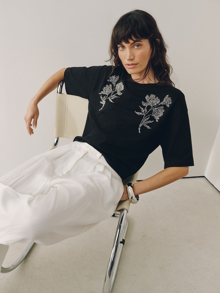 Black Floral Embellished Short Sleeve Crew Neck T-Shirt - Image 1 of 7 Black Floral Embellished Short Sleeve Crew Neck T-Shirt - Image 1 of 7