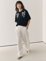Black Floral Embellished Short Sleeve Crew Neck T-Shirt - Image 2 of 7