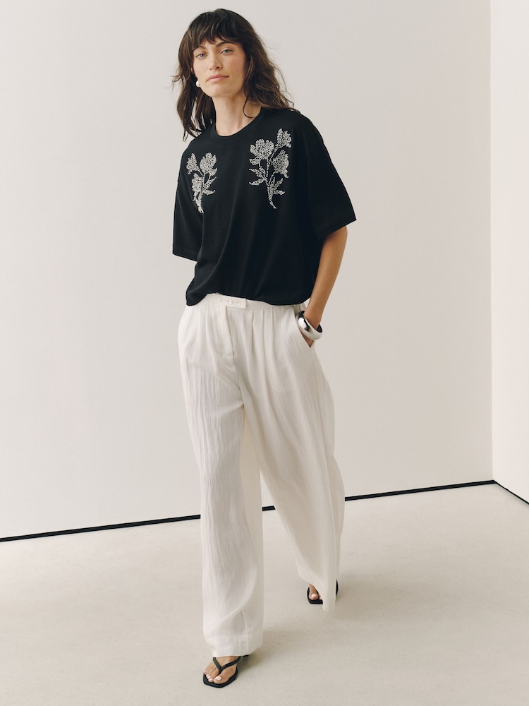 Black Floral Embellished Short Sleeve Crew Neck T-Shirt - Image 2 of 7 Black Floral Embellished Short Sleeve Crew Neck T-Shirt - Image 2 of 7
