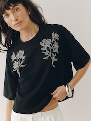 Black Floral Embellished Short Sleeve Crew Neck T-Shirt - Image 4 of 7