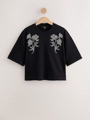 Black Floral Embellished Short Sleeve Crew Neck T-Shirt - Image 5 of 7