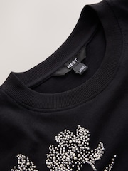 Black Floral Embellished Short Sleeve Crew Neck T-Shirt - Image 6 of 7