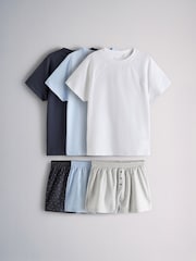The Set 3 Pack Jersey Cap Sleeve T-Shirt and Woven Short Pyjamas Dark Navy / Mid Blue / White - Image 1 of 15
