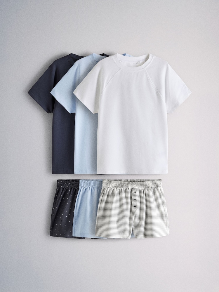 The Set 3 Pack Jersey Cap Sleeve T-Shirt and Woven Short Pyjamas Dark Navy / Mid Blue / White - Image 1 of 15