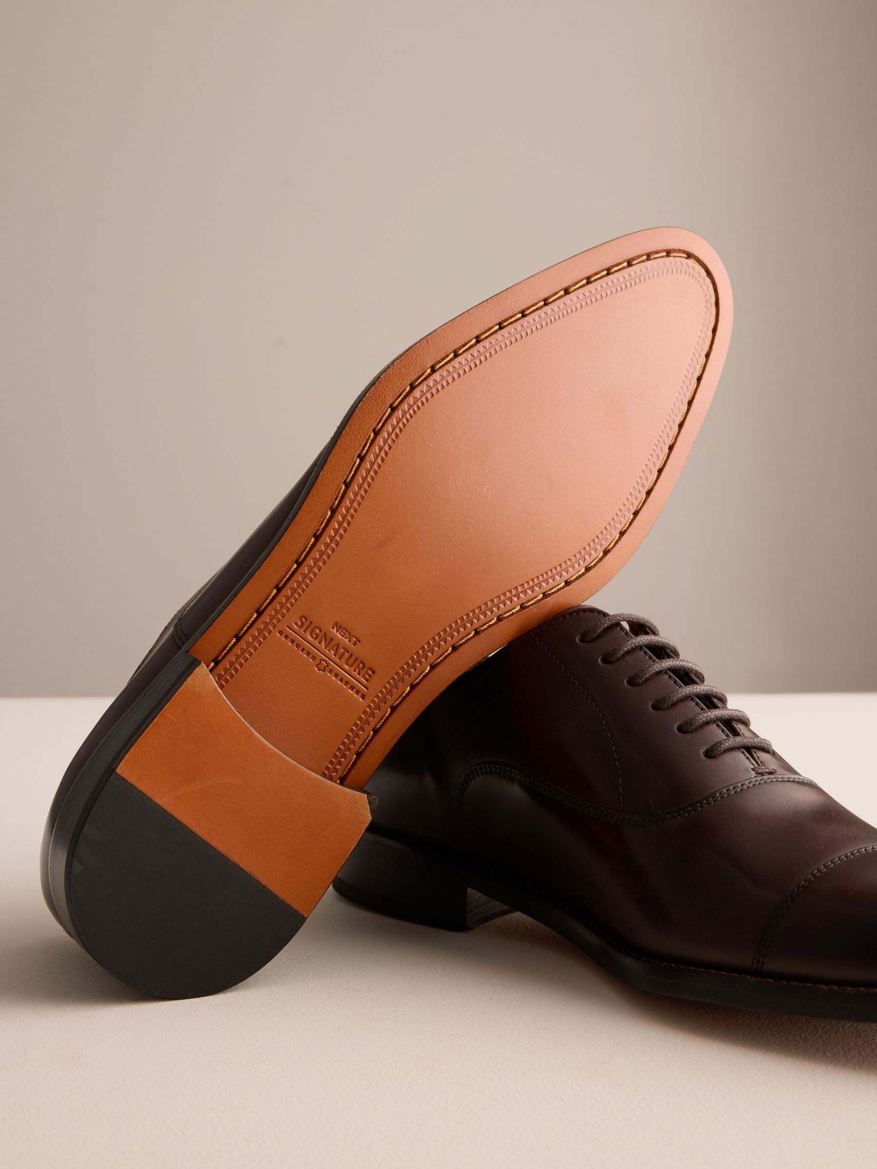 Buy Dark Brown Standard Fit Signature Leather Sole Oxford Toe Cap