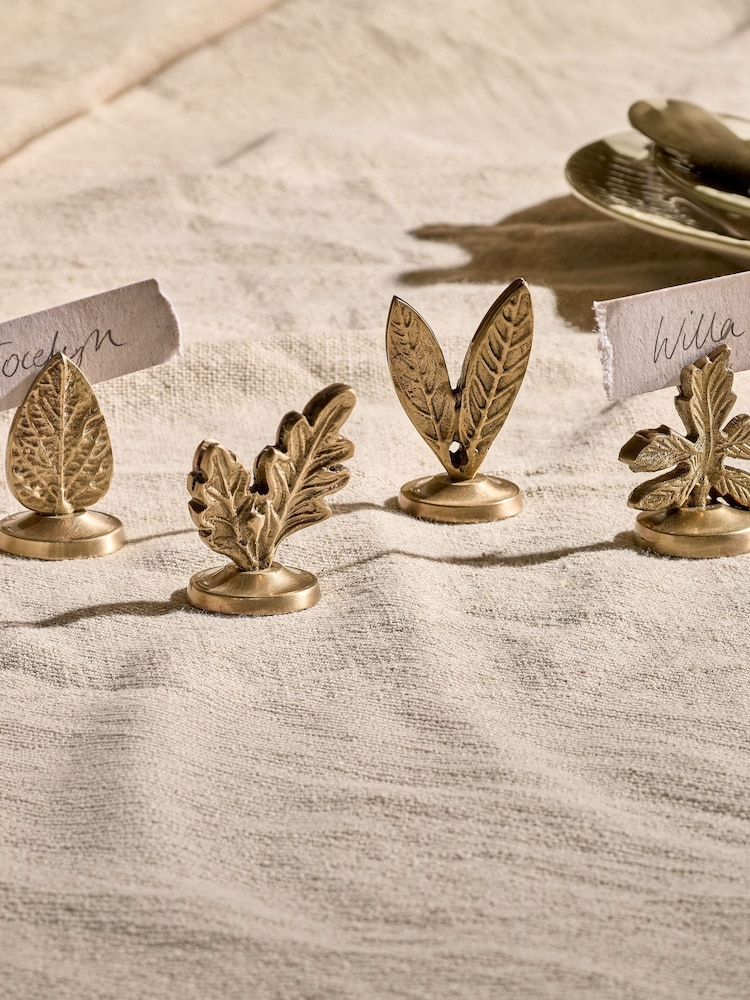 Nkuku Set of 4 Antique Brass Leaf Place Card Holders - Image 1 of 3