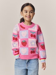 Little Bird by Jools Oliver Pink Fruit Checkerboard Jumper - Image 1 of 11