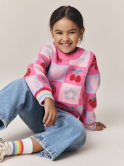 Little Bird by Jools Oliver Pink Fruit Checkerboard Jumper - Image 3 of 11