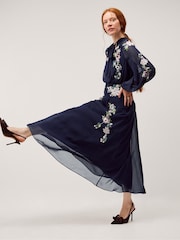 Monsoon Blue Annika Floral Embroidered Chiffon Midi Dress - Image 1 of 4