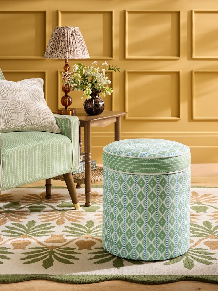 Nina Campbell Green Ikat Diamonds Rosebury Round Footstool - Image 1 of 5 Nina Campbell Green Ikat Diamonds Rosebury Round Footstool - Image 1 of 5