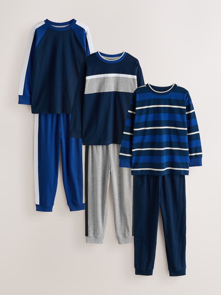Blue Stripes Long Sleeve Jogger Pyjamas Set 3 Pack (3-16yrs) - Image 1 of 7 Blue Stripes Long Sleeve Jogger Pyjamas Set 3 Pack (3-16yrs) - Image 1 of 7