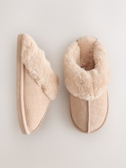 Ecru Croc Faux Fur Lined Suede Mule Slippers - Image 1 of 5