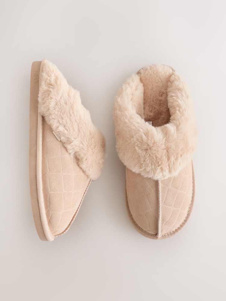 Ecru Croc Faux Fur Lined Suede Mule Slippers - Image 1 of 5